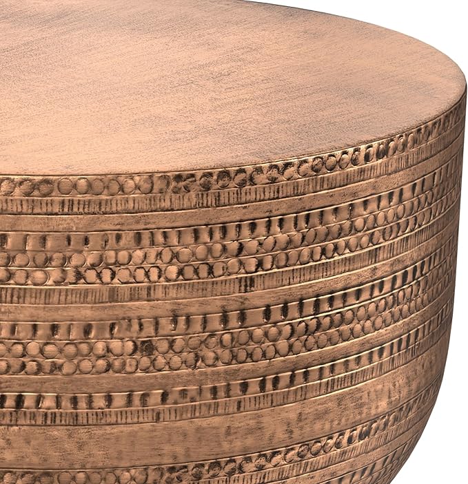 SIMPLIHOME Johnsen 30-inch Wide Metal Drum Coffee Table in Antique Copper, Boho-Style Cocktail Table for Living Room or Family Room, Assembled