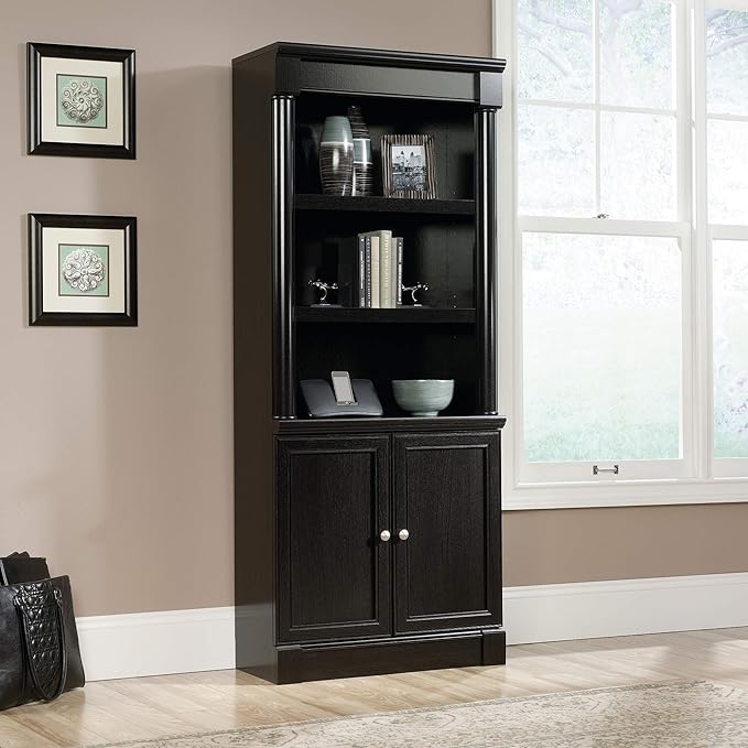 Sauder Palladia Library with Doors/Book Shelf, L: 29.37" x W: 13.90" x H: 71.85", Wind Oak