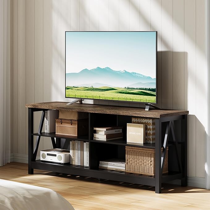 ChooChoo Farmhouse TV Stand for TVs up to 55 Inch, Modern Entertainment Center with 4 Open Shelves & Built-in Cable Holes, Media TV Console for Living Room, Bedroom, Black