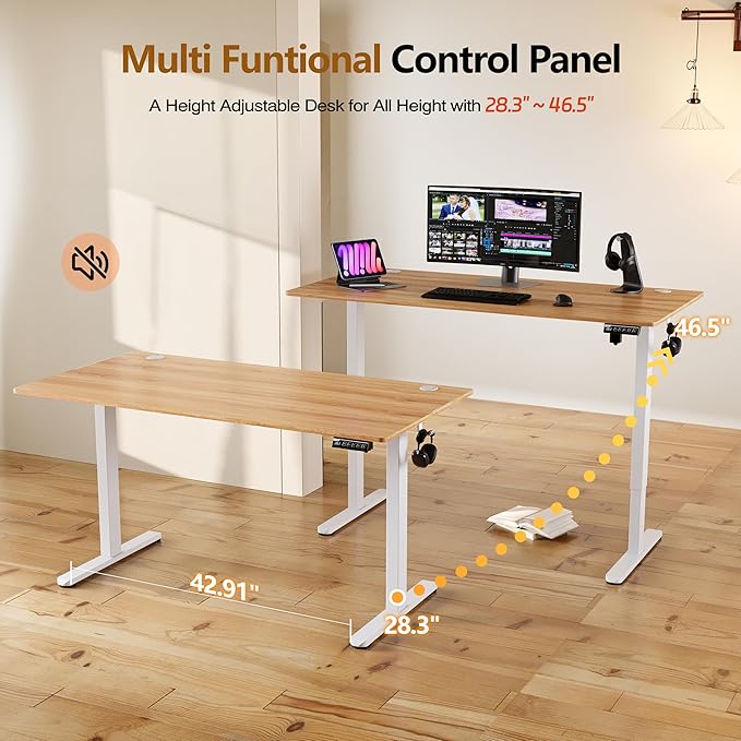 Monomi 55 Inch Large Electric Standing Desk, Height Adjustable Sit Stand Up, Work Home Office Computer PC Desks, Gaming Writing Study Bedroom Rising Table, Natural