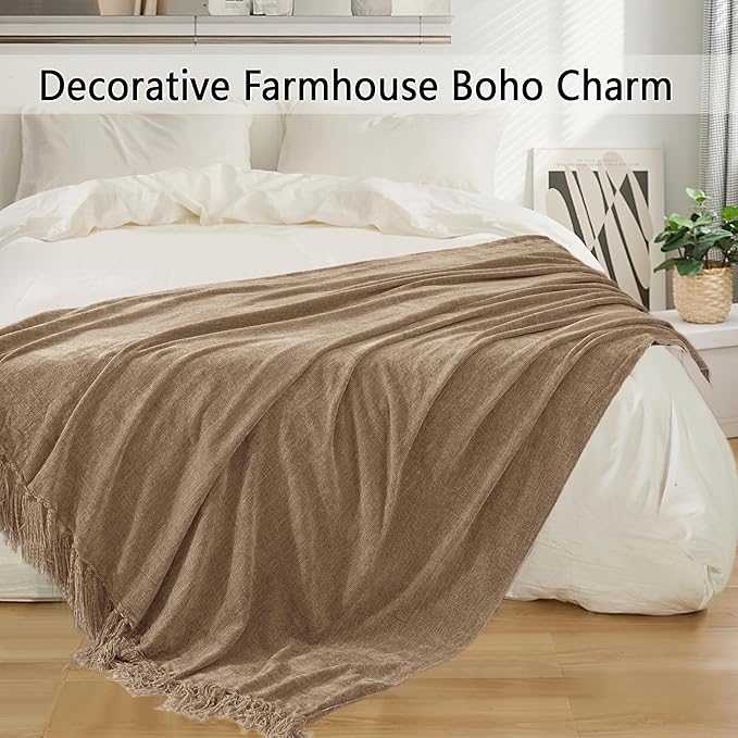 Chenille Throw Blanket for Couch 60"X 80" Twin, Soft Cozy Throws with Fringe Tassel for Bed Sofa Chair Cover, Lightweight Knitted Decorative Boho Blankets for Living Room, Taupe