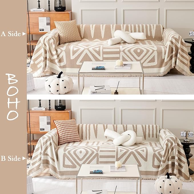 HANDONTIME Sofa Covers for Sectional Sofa Set Boho Couch Cover for Dogs Khaki Throw Couch Cover with Tassel Loveseat Covers Futon Cover L Shaped Cover Washable Chenille Couch Protector, 91" X118"