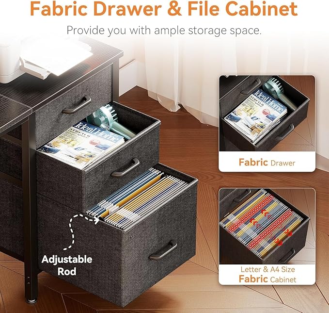 Casaottima 48" Small Computer Home Office Desk for Bedroom with Fabric Drawers & File Cabinet, Cloth Storage Bag and Hook, Writing Study Work Table for Small Space, Black