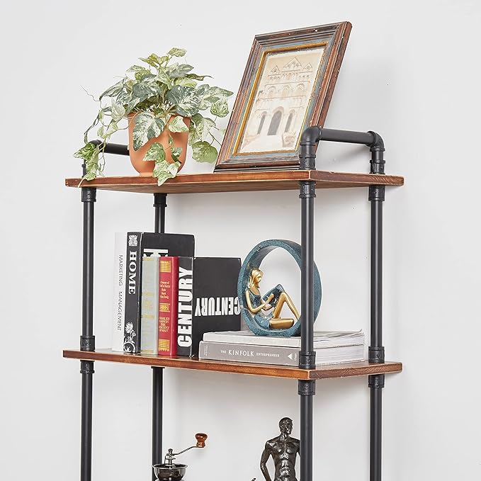 Industrial Bookshelf, 5 Shelf Bookcase, Rustic Brown Pipe Shelving (29.5" L x 11.8" W x 70" H)