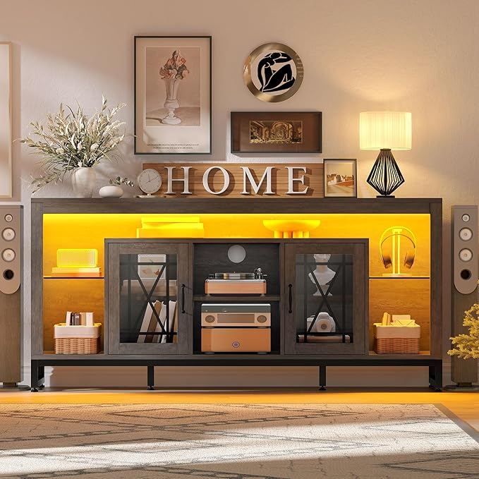 YITAHOME 33.5'' Tall TV Stand for 75 inch TV, LED Entertainment Center with Storage, Grey TV Stands for Living Room with Acrylic Doors & Power Outlets, Tall TV Console Cabinet, Grey