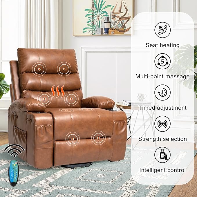 Recliner Chair Power Lift Massage Chair Full Body 21" Large Size Electric Recliner with 8 Point Vibration Massage and Lumber Heat, Remote Control, Side Pockets and Cup Holders, Brown