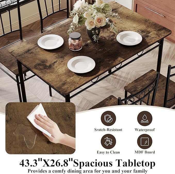 5 Piece Dining Table Set, Modern Metal&Wood Kitchen Dinner Table with 4 Chairs, Dining Room Table Sets for Small Spaces, Brown