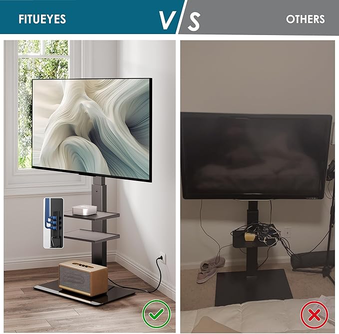 FITUEYES Floor TV Stand for 32-75 inch TV with Power Outlet, Tall TV Mount for Bedroom Living Room with Tempered Glass Base, TV Stand with Mount Holds Up to 88lbs MAX VESA 600x400mm,Black