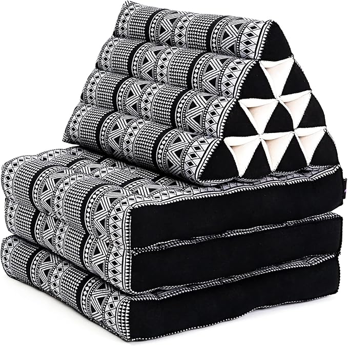 Leewadee - Comfortable Japanese Floor Mattress - Thai Floor Bed with Triangle Cushion - Futon Mattress - Thai Massage Mat, 67 x 21 inches, Black White, Kapok Filling