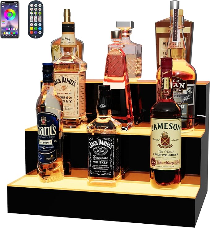 MESAlLUP 16 Inch 3 Tier LED Lighted Liquor Bottle Display Shelf with Remote Control, Detachable Multi Color Lighting Bar Accessories for Home, Party & Commercial Use