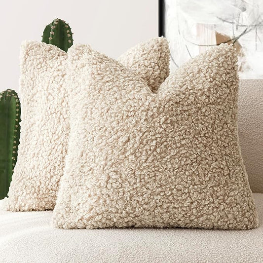 Foindtower 2 Pieces 22x22 Inch Light Khaki, Faux Fur Throw Pillow Cover Accent Sherpa Pillow Fuzzy Soft Pillowcases Sheepskin Decorative Fleece Cushion Case for Bed Couch Living Room