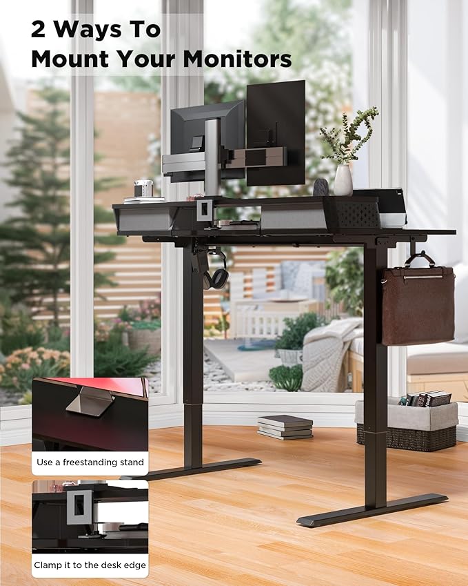 40x24 Inch Standing Desk with Double Drawers, C-Clamp Mount Compatible, Electric Adjustable Height Computer Stand Up Desks, Home Office Sit Stand Table with 3 Preset Heights & 2 Hooks, Black