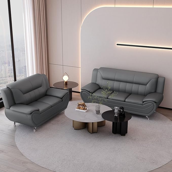Container Furniture Direct Michael Modern Faux Leather Upholstered Stainless Steel Legs Living Room Sofa, Sleek Gray