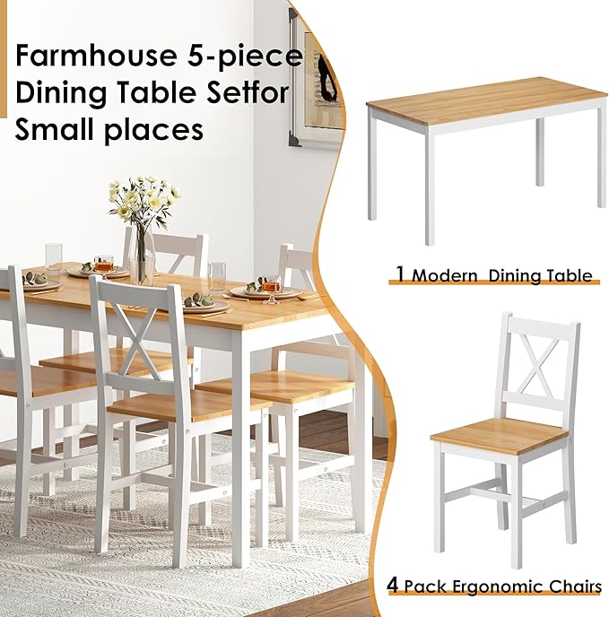 sogesfurniture Dining Table Set for 4，Dinette Set for 4 Small Space,5 Pieces Dining Table for Kitchen, Dining Room 47.5'', Pine Wood,Oak&White