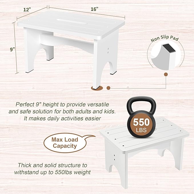 Wooden Step Stool for Adults, 9" Portable Wood Step Stool for Kids, Heavy Duty One Step Bedside Stool with 550 Lbs Load Capacity, Non-Slip White Foot Stool for Kitchen Bathroom Bedroom