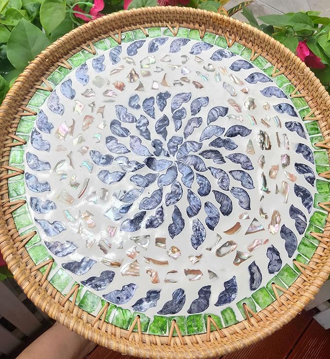 Round Rattan Side Table, Handmade Rattan Tray with 3 Legs, Mother of Pearls Inlay Coffee/Accent Table, Round end/Side Tables for Living Room, Bedrooms, Pedestal Plant Stand for Balcony