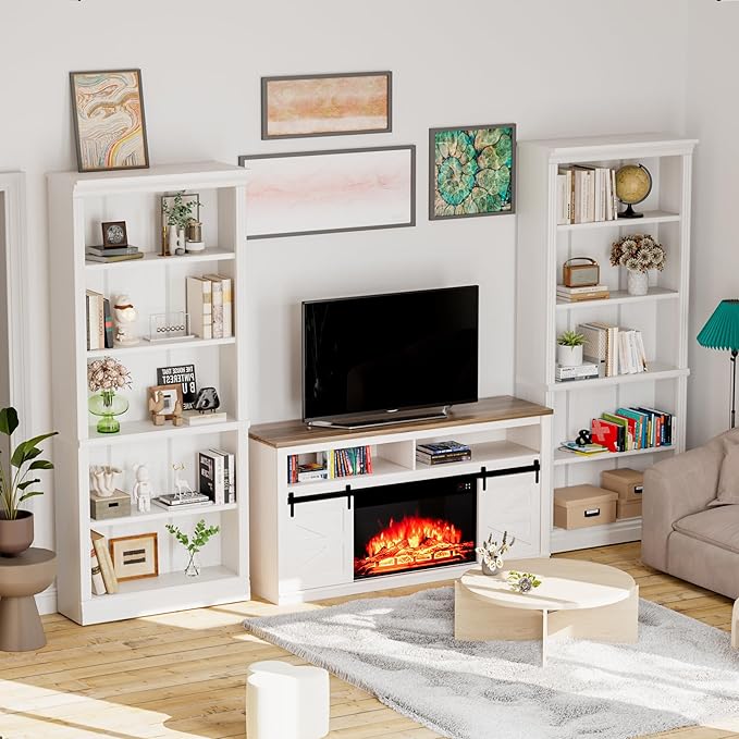 YESHOMY 72" Bookcase and Bookshelf, 5-Tier Wood Bookcases with Shelves, Tall Floor Standing Book Shelf Storage Cabinet Home Decor Furniture for Living Room, Home Office, White, 2 PCS