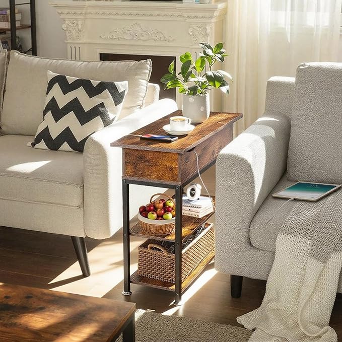 Rotating Top End Table with Charging Station, Side Table with USB Ports and Outlets, 24" W x 12" D x 27" H, Rotating End Table with Storage, Couch Side Tables, Narrow Table Living Room, Bedroom