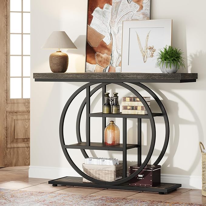 Tribesigns 41.3" Console Table, Industrial 4-Tier Sofa Table Entryway Table with Circle Base, Narrow Wood Accent Tables with Storage Shelves for Living Room, Hallway, Foyer, Charcoal Black