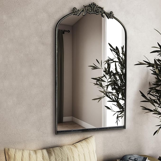 WAMIRRO Ornate Black Mirror,Vintage Arched Baroque Antique Mirorrs for Living Room Hallway Fireplace Bathroom Entryway 24"X36"