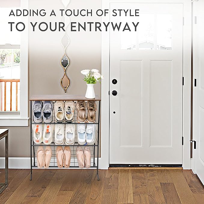 Narrow Shoe Rack for Front Door Entrance,4-Tier Shoes Rack Storage Organizer with 3 Slanted Shelves and Top Shelf for Entryway,Skinny Space Saving Shoe Rack, Black