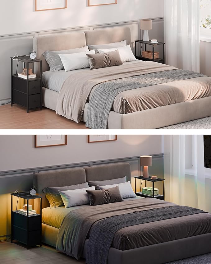 TUTOTAK Small Narrow LED End Table with Charging Station, Side Table Outlets, Nightstand with 2 Cloth Drawers, Set of 2, Couch Table, for Living Room, Bedroom, Bedside, Charcoal Grey TB01BY056