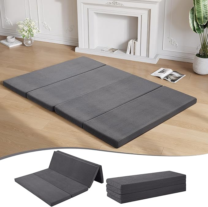 MeMoreCool Folding Foam Futon Mattress Full, Foldable Japanese Floor Mattress, Sleeping Mat Pad for Adults Guests Sleepovers, 3 in Thick Tatami Mat Portable Shikibuton, Dark Grey