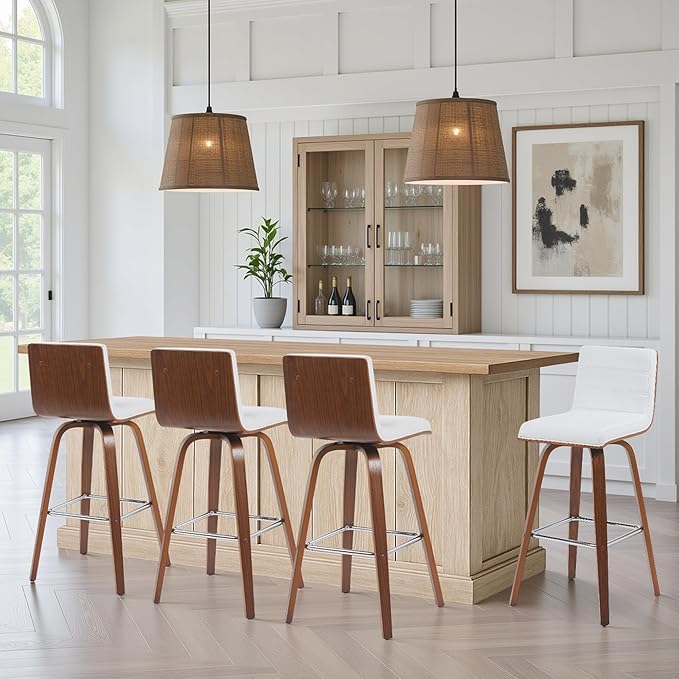 Vienna Modern Swivel Bar Height Stool with Snow White Faux Leather Seat and Walnut Finished Wood Frame Set of 4
