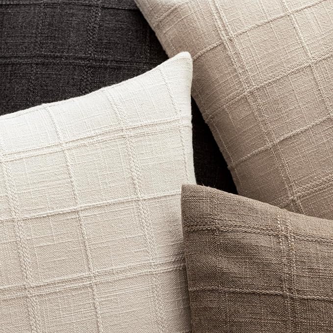 Foindtower Set of 2 Decorative Linen Check Throw Pillow Covers Neutral Farmhouse Vintage Cushion Covers Modern Boho Home Decor For Sofa Chair Couch Bedroom Living Room Outdoor,22×22 Inch,Natural Linen