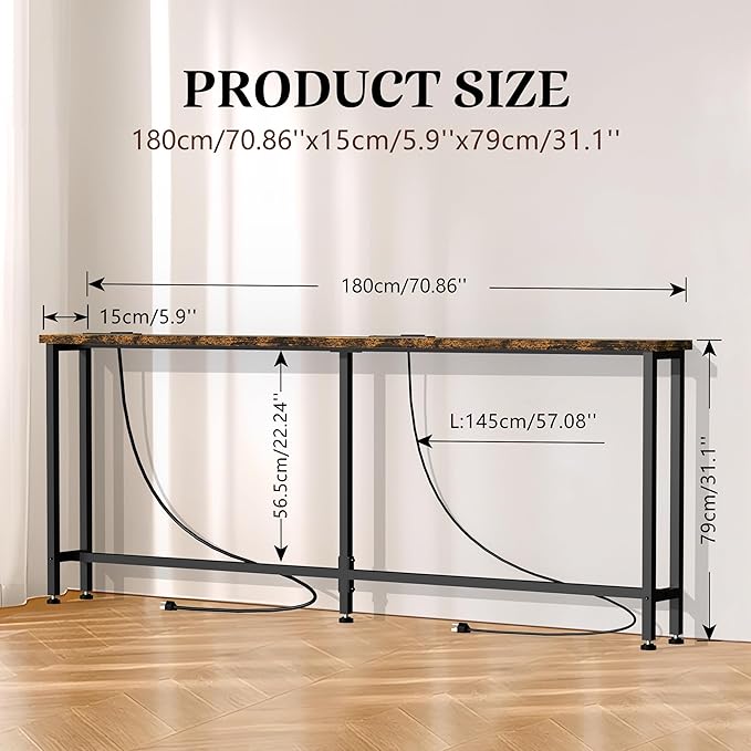 GRLEAF 70" Sofa Table with Built-in Power Strip (4 AC Outlets & 4 USB Ports) – 4.9ft Power Cord, Metal Frame, Easy Assembly, Long Couch Table Behind Sofa, Living Room and Home Office | Rustic Brown