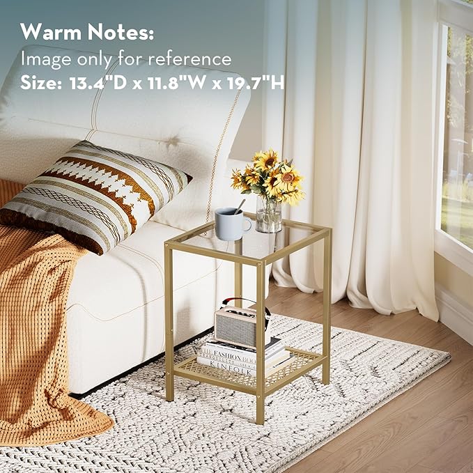 SAYGOER Glass Side Table Small Gold End Table for Narrow Space 2-Tier Square Nightstand with Storage,13.3" x 11.8" x 19.7",Modern Bed Side Table with Metal Frame for Bedroom Living Room, Easy Assembly