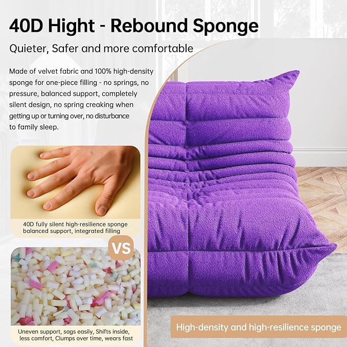 Bean Bag Chairs for Adults, BeanBag Reading Chair Memory Foam Couch 3-Seater, Floor Chair Soft Teddy Material, Comfy Reading Nook Chairs for Bedroom Living Room Office (Purple)