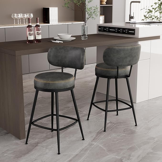 Counter Height Bar Stools, 26" H Swivel Barstools Set of 4, Faux Leather Kitchen Counter Stools with Back and Stylish Stitching, Metal Frame, Pub, Home Bar, Black Grey