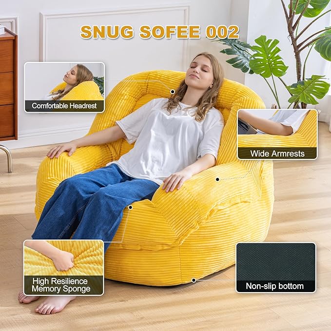Giant Bean Bag Chair with Armrests - Oversized Cozy Seating for Adults, Corduroy Fabric & High - Density Foam Filling, Ideal Lounge for Living Room, Bedroom & Gaming Room (Corn Yellow)