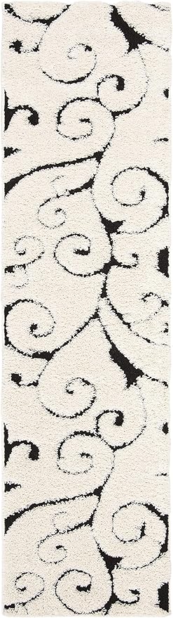 SAFAVIEH Florida Shag Collection Runner Rug - 2'3" x 9', Ivory & Black, Scroll Design, Non-Shedding & Easy Care, 1.2-inch Thick Ideal for High Traffic Areas in Living Room, Bedroom (SG455-1290)