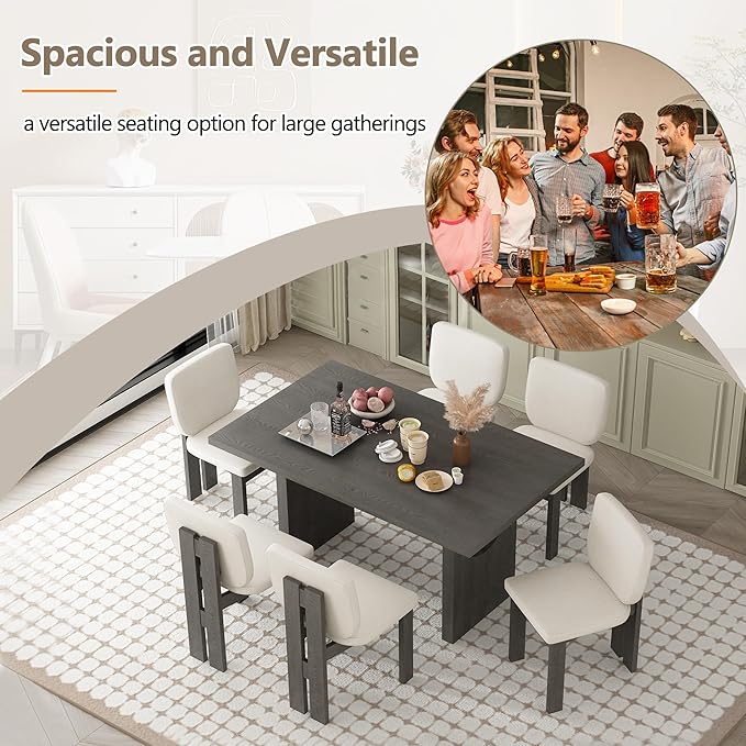 Ball & Cast 7-Piece Dining Table Set for 6 People, 59" Wood Dining Kitchen Table & Chairs Set, Dining Room Table with Trestle Base and 6 Upholstered Chairs, Perfect for Dining Room,Grey