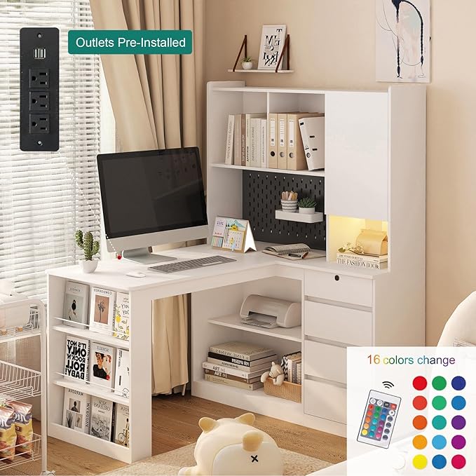 KEIKI L Shaped Home Office Desks with LED Light, Pegboard, Hutch, Drawers, Bookshelf & Storage Shelves, Modern Wooden Gaming Computer Corner Table for Work, Study, Writing
