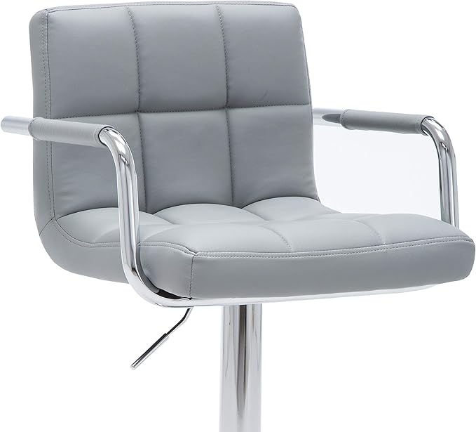 AC Pacific Contemporary Adjustable Swivel Kitchen Bar Stool Chair with Cushion and Armrest, 24"-33", Pewter Gray