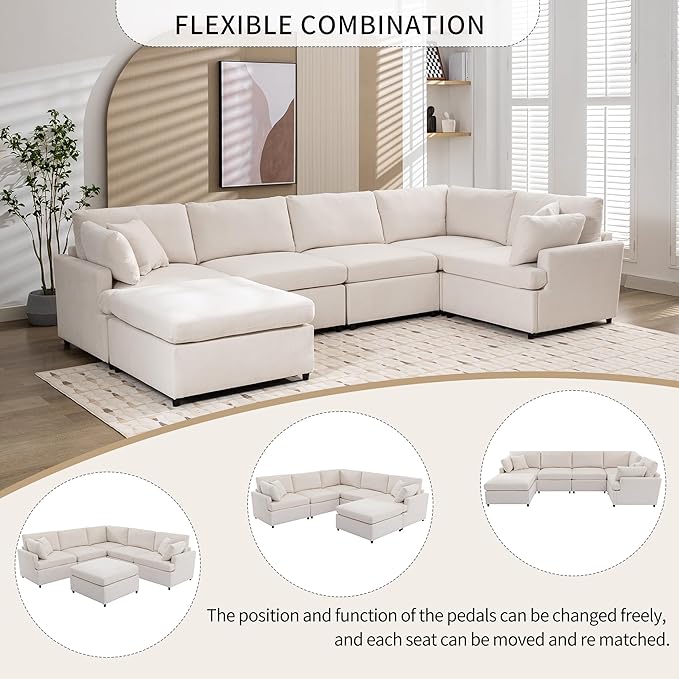 Merax 6-Seater Modern Large U-Shape Sectional Sofa, with Removable Ottomans for Living Room,Beige