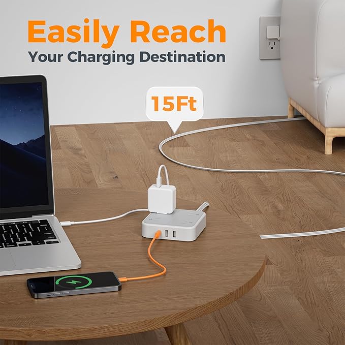 Surge Protector Flat Extension Cord 15Ft, TESSAN Flat Plug Power Strip with 4 Outlets 3 USB Ports (1 USB C), 900 Joules Protection, Multiple Wall Outlet Extender Suitable for Home Office Dorm, Grey