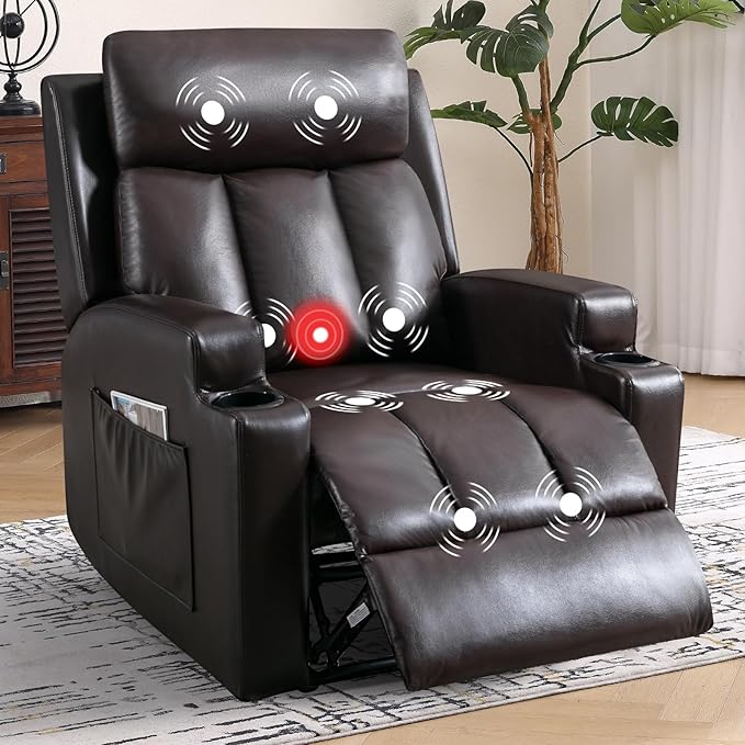 Phoenix Home Manual Recliner Chair Set of 2 with Massage and Heat, Ergonomic Overstuffed Faux Leather Recliner Single Sofa with 2 Cup Holders, Living Room Lounge Recliners on Clearance, Brown