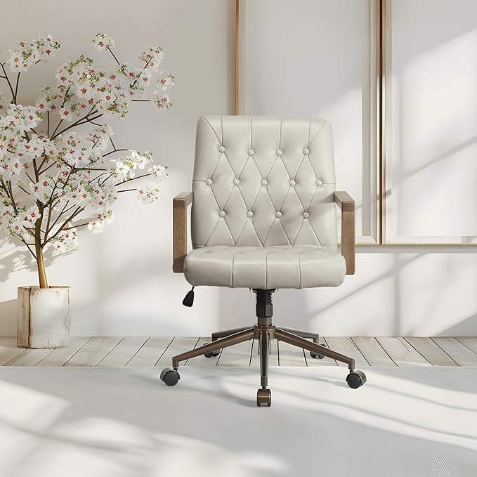 OSP Home Furnishings Waltham Adjustable Height and Tilt, Swivel Home Office Chair with Wood Arms, Taupe Faux Leather