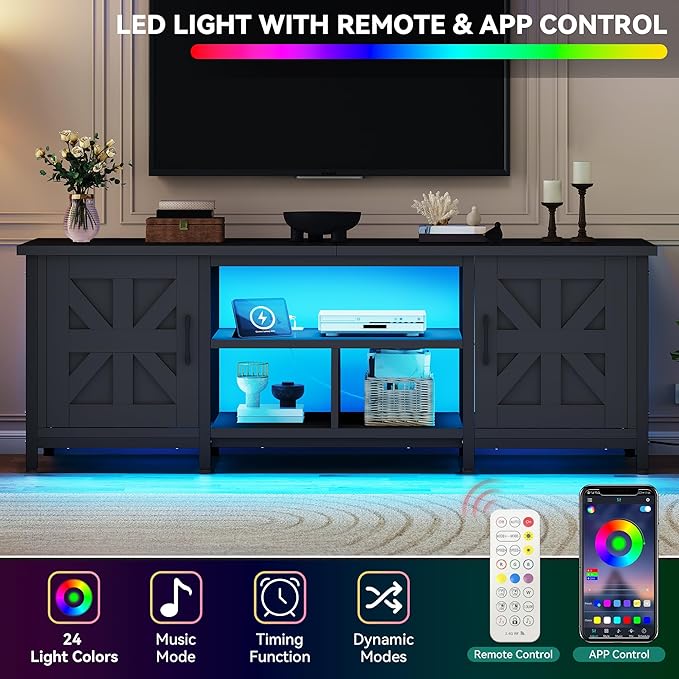YITAHOME TV Stand with LED Lights & Charging Station, Farmhouse Entertainment Center with Storage Cabinets & Shelves, Cross-Pattern Doors, Fits TVs up to 70'', TV Consoles for Living Room, Black