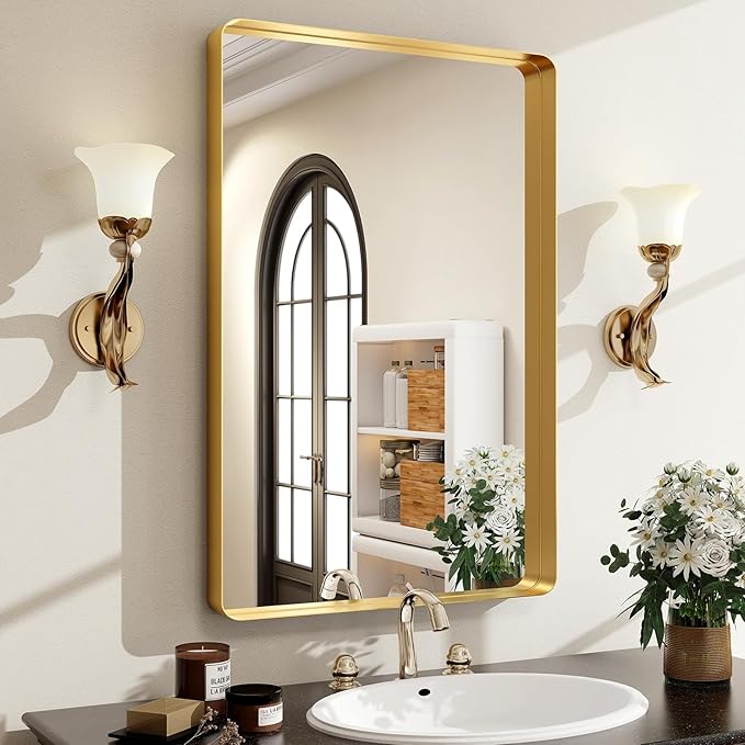 36 x 24 Inch Gold Bathroom Mirror for Wall,Aluminum Alloy Frame Rectangular Wall Mounted Mirror for Farmhouse Decor Horizontal or Vertical Ideal for Bedroom, Living Room