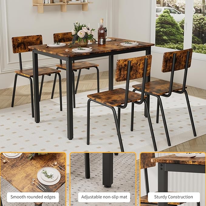 5-Piece Dining Table Set with 4 Chairs, 43" Kitchen Table Chairs Set of 4, Rectangular Dining Room Table Set with Metal Frame & MDF Board, Perfect for Small Space, Brown