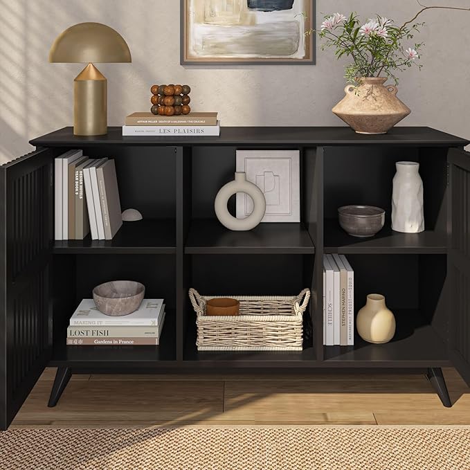 Plank+Beam Mid-Century Modern Wood TV Stand, Solid Wood Entertainment Console with Storage, 49" L x 16" W x 30" H, Black