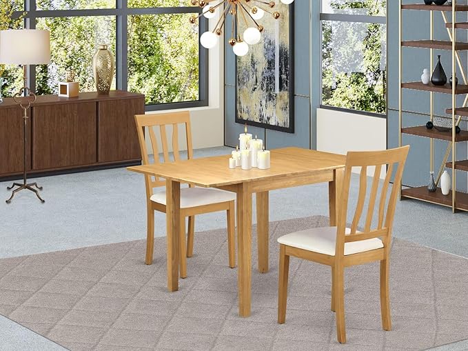 East West Furniture NDAN3-OAK-LC 3 Piece Dining Table Set for Small Spaces Contains a Rectangle Dining Room Table with Dropleaf and 2 Faux Leather Upholstered Chairs, 30x48 Inch, Oak