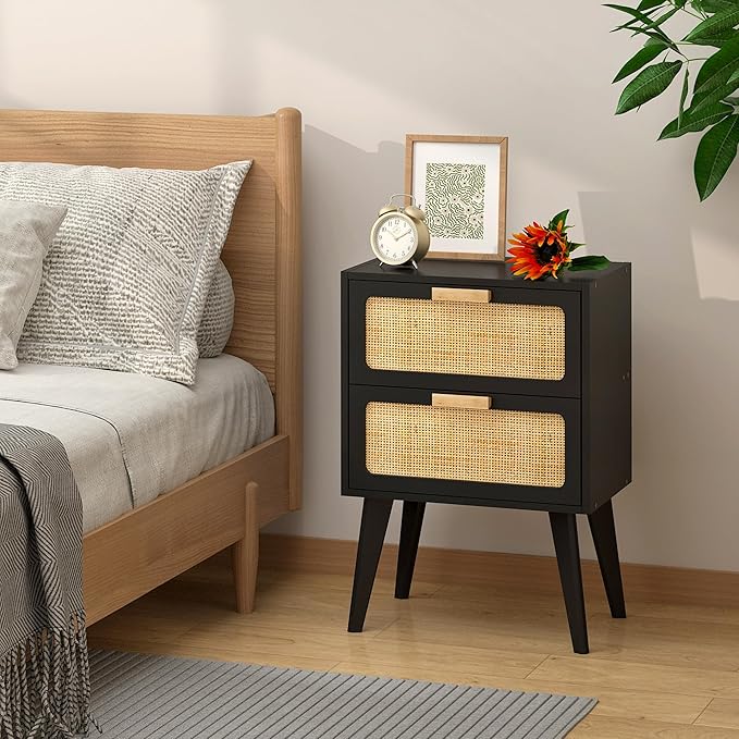 Rattan Nightstand Set of 2,Mid Century Modern Bedside Table with Storage,End Table,Side Table with 2 Hand Made Rattan Decorated Drawers for Livingroom, Bedroom, Black CTG59B-2