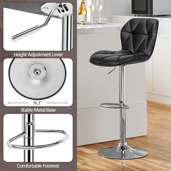 Yaheetech Bar Stools Set of 4, Adjustable PU Leather Swivel Barstools, Modern Counter Stools with Back and Footrest, Counter Height Barstools for Bar, Kitchen, Dining Room, Black