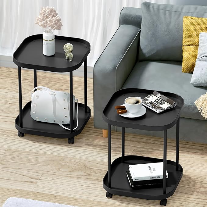 Side Table with Wheels, End Table Living Room Plastic Mobile Sofa Side Table Small Night Stand Bedroom Black (2 Pack)